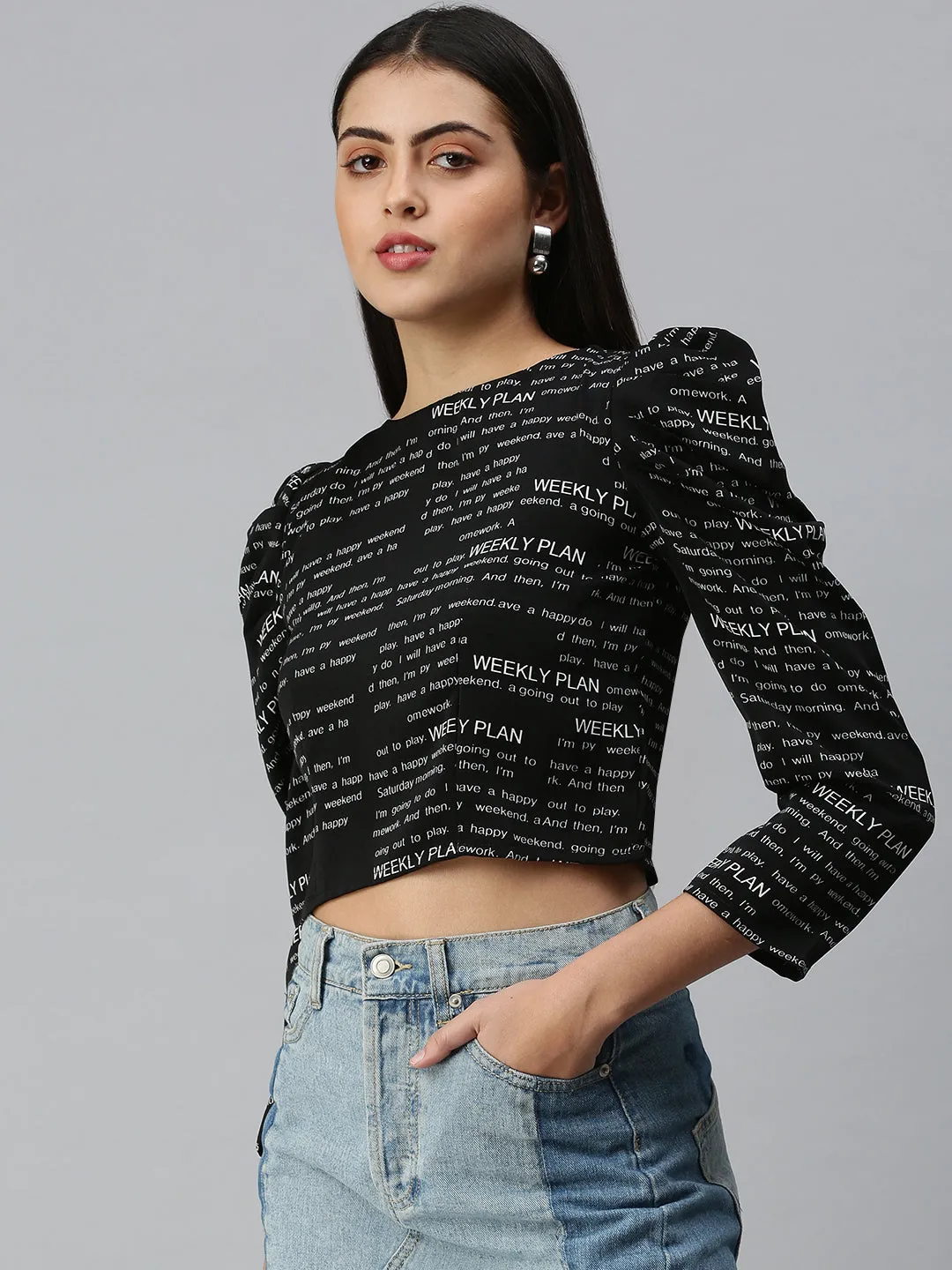 Women's Black Printed Crepe Crop Top tall size Lightweight Fashion