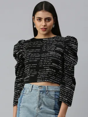 Cozy Layers Women's Black Printed Crepe Crop Top