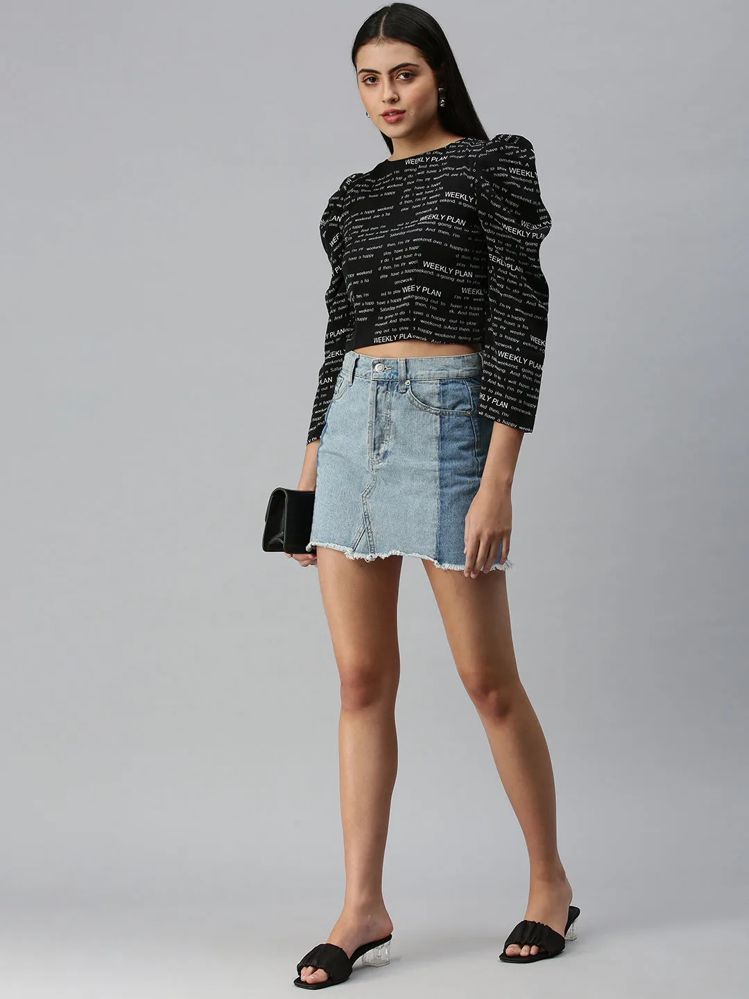 Women's Black Printed Crepe Crop Top Effortless Comfort Design High Density Weave