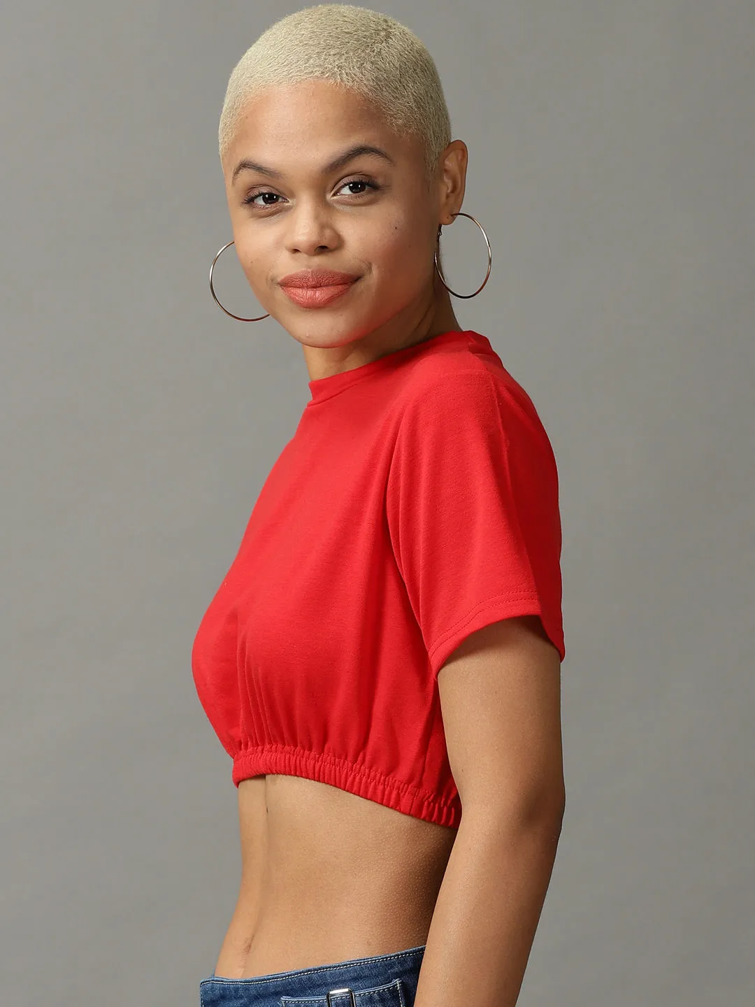 DoubleStitched Seams Women's Red Blouson Crop Top