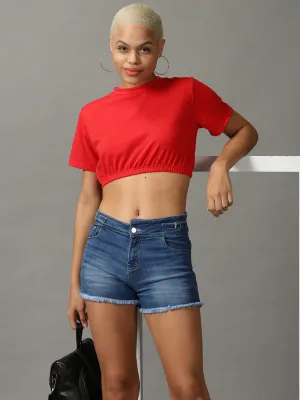 Women's Red Blouson Crop Top Comfortable Layers Weekend Essential