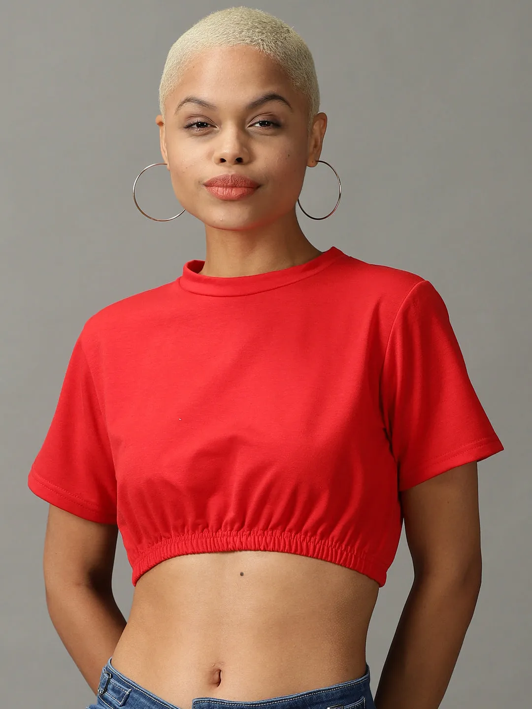 Travel Friendly Non Irritating Collar Women's Red Blouson Crop Top