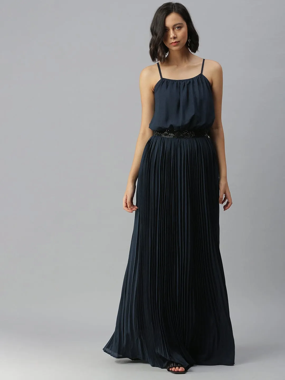 Soft Gradient Women's Shoulder Straps Embellished Maxi Navy Blue Dress