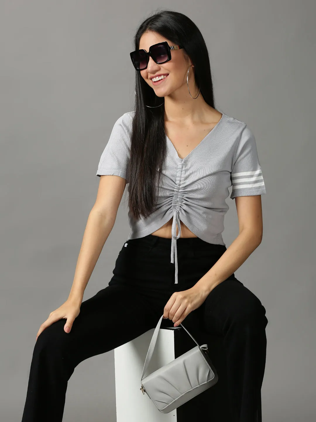 Women's Grey Solid Fitted Crop Top family gathering Fashionable Layer
