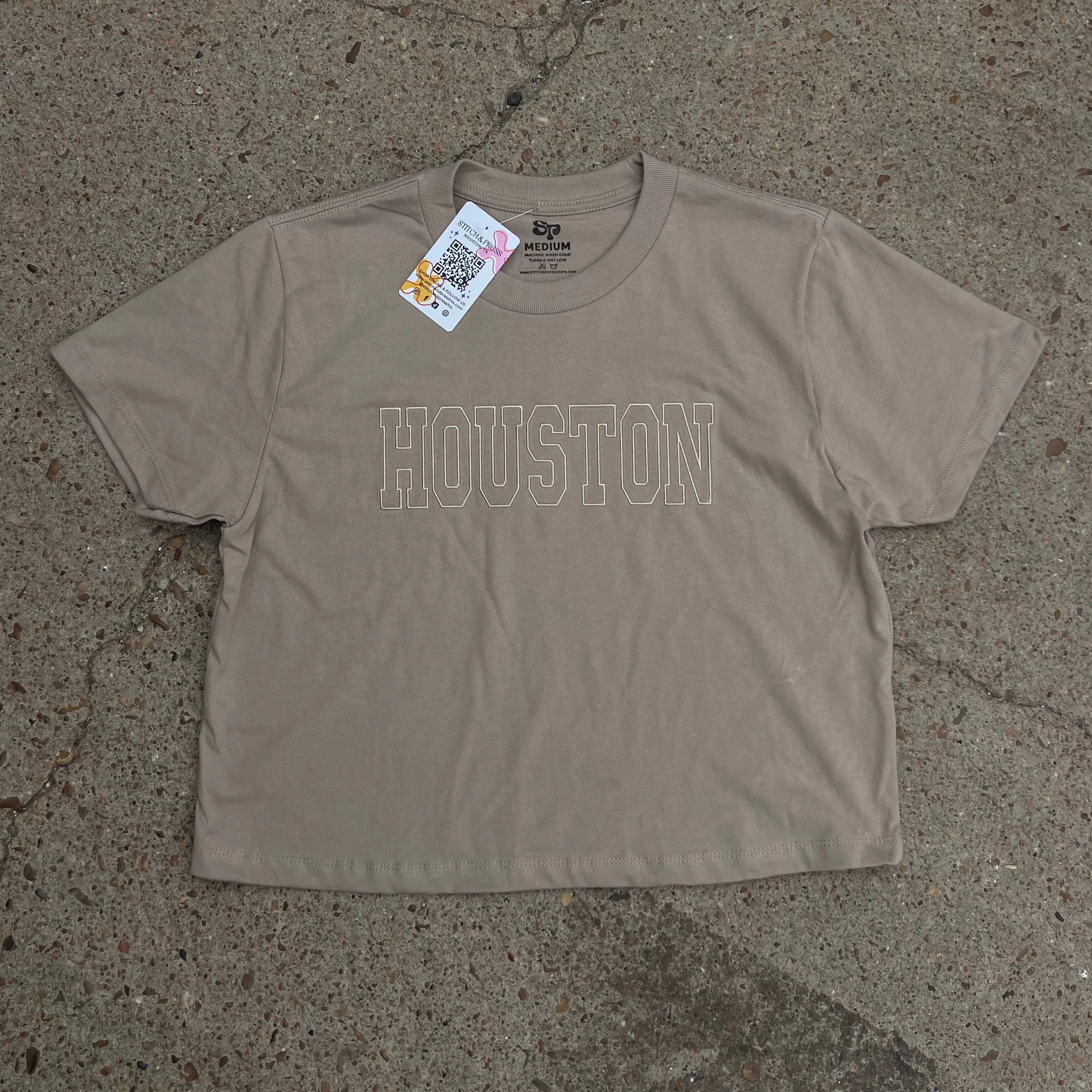 Houston Embroidered Cropped Women's Tee Layered Hem Design Cozy and Comfortable