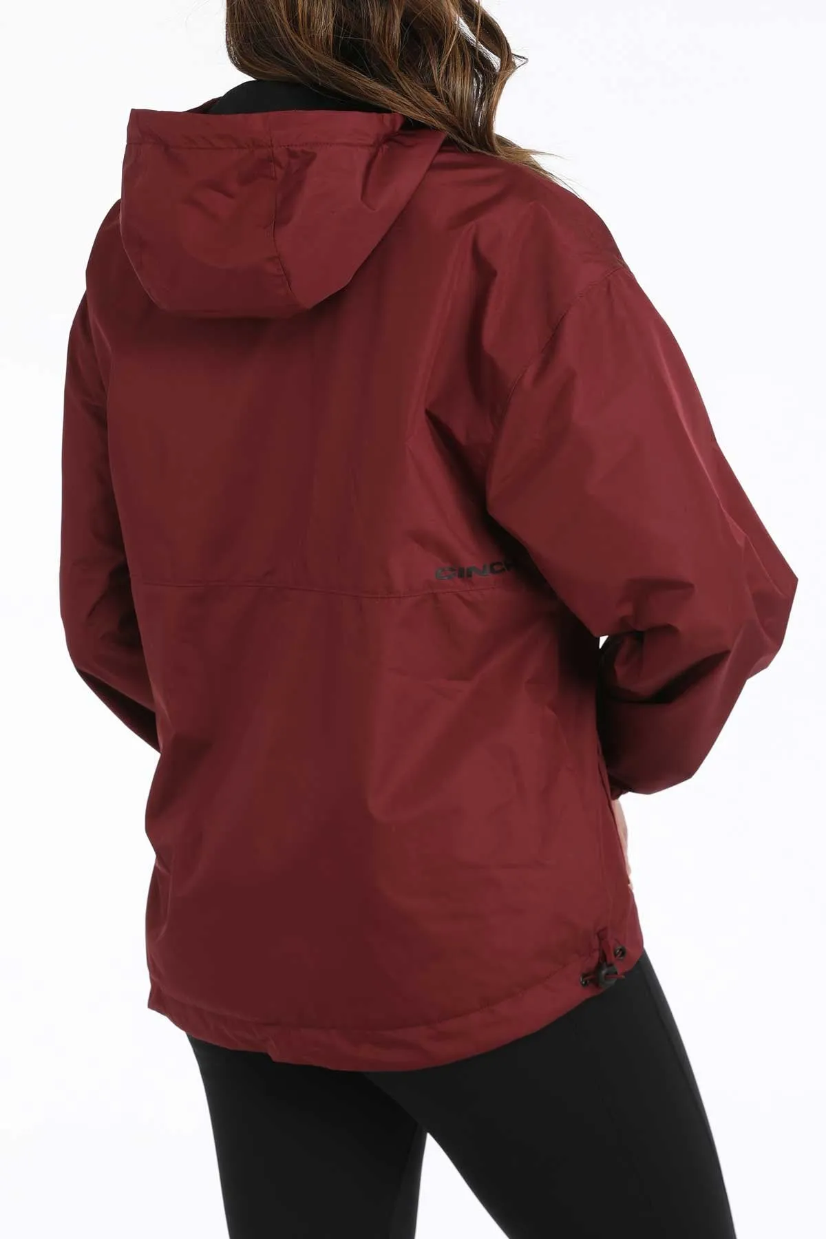 Very Cold QuickDry Fabric Cinch Women's Hydrographic Rain Jacket in Burgundy