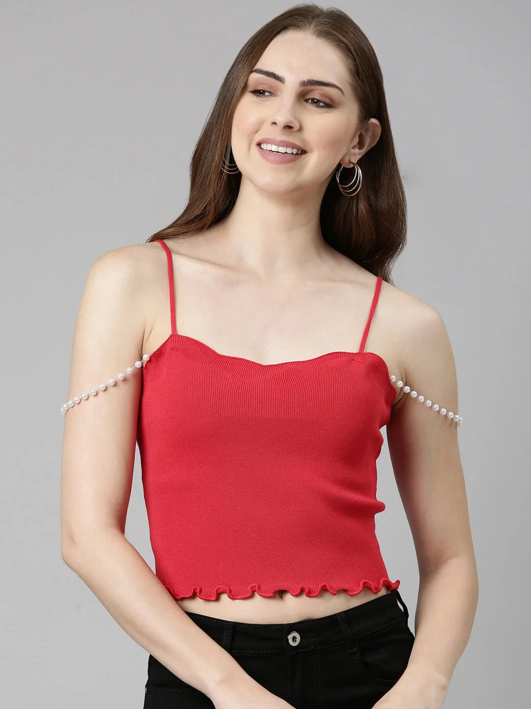 Relaxed Comfort Fit Women's Red Shoulder Straps Cotton Fitted Crop Top