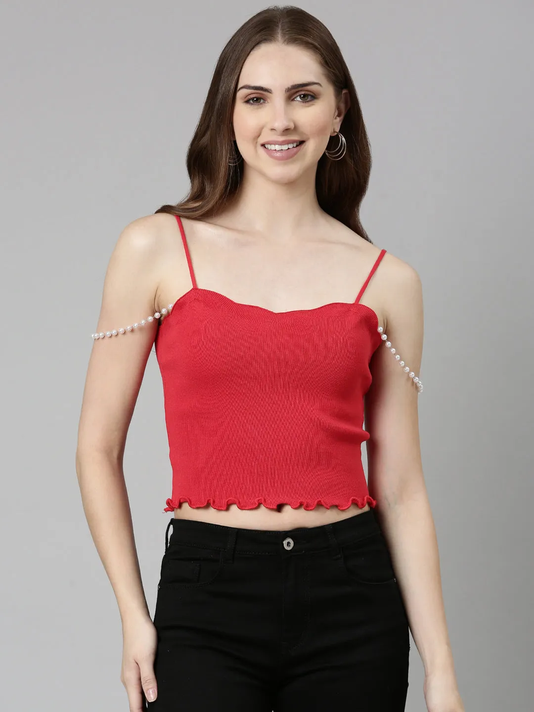 Women's Red Shoulder Straps Cotton Fitted Crop Top UV Protection Fabric