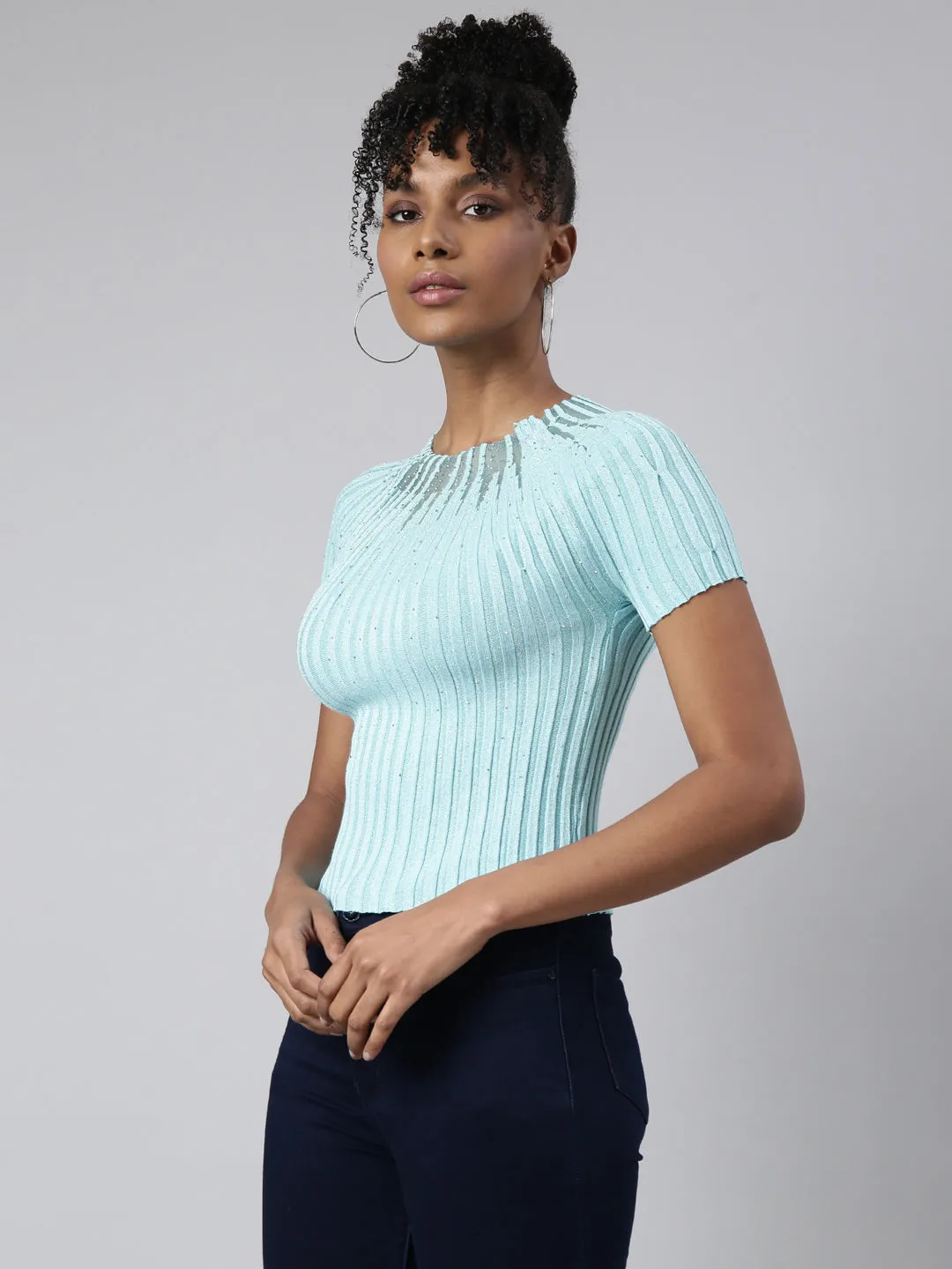 Garment Dyed Finish Comfy Layer Wear Women's Turquoise Blue Striped Embellished Short Sleeves Round Neck Crop Top
