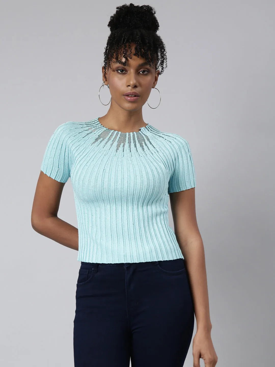 Fur combination Women's Turquoise Blue Striped Embellished Short Sleeves Round Neck Crop Top
