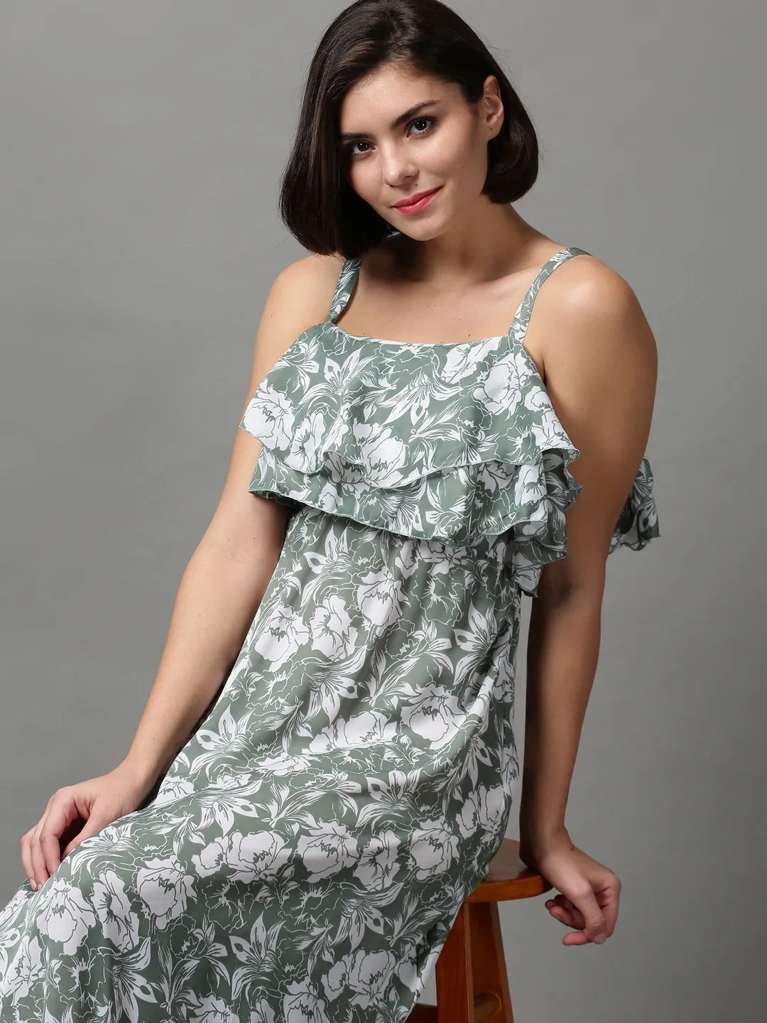 Women's Green Floral Shoulder Strap Crepe A-Line Midi Dress Morning Glow