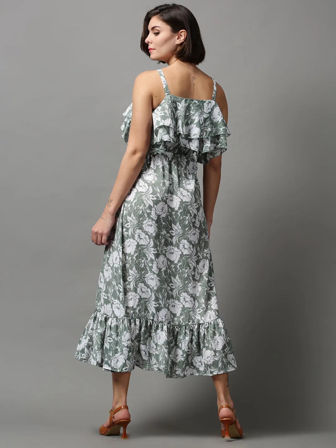 Women's Green Floral Shoulder Strap Crepe A-Line Midi Dress Flattering and Effortless