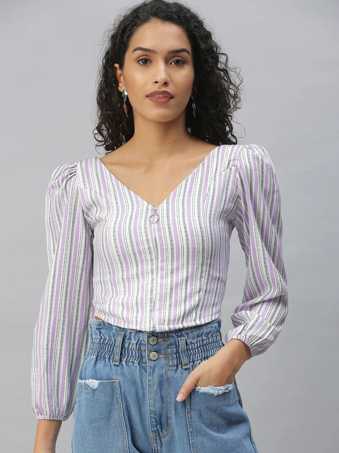 layerable Women's Purple Vertical Striped Top
