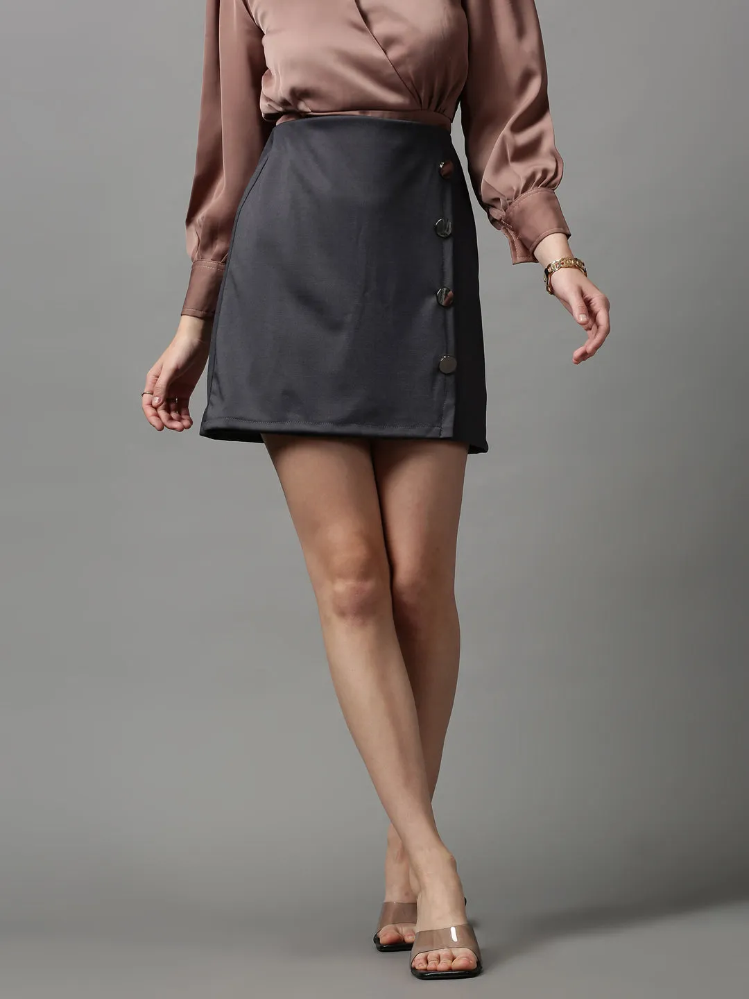 Women's Grey Solid Mini A-Line Skirts Hygienic Coating