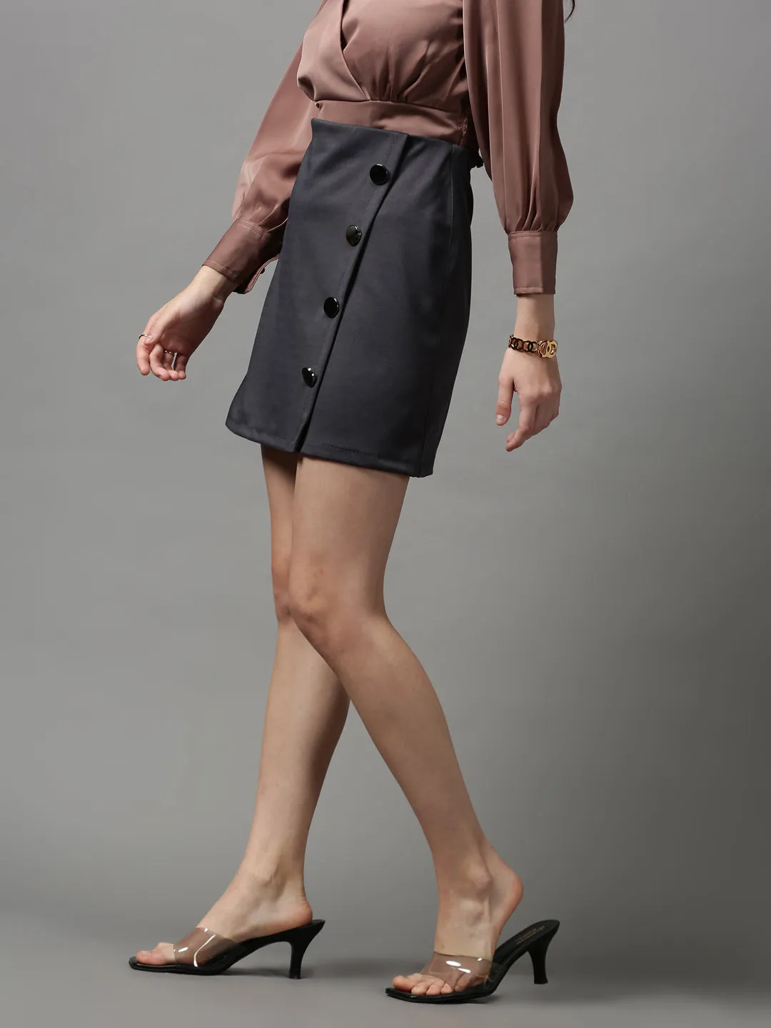 Outfit Moodset Stretchy Women's Grey Solid Mini A-Line Skirts