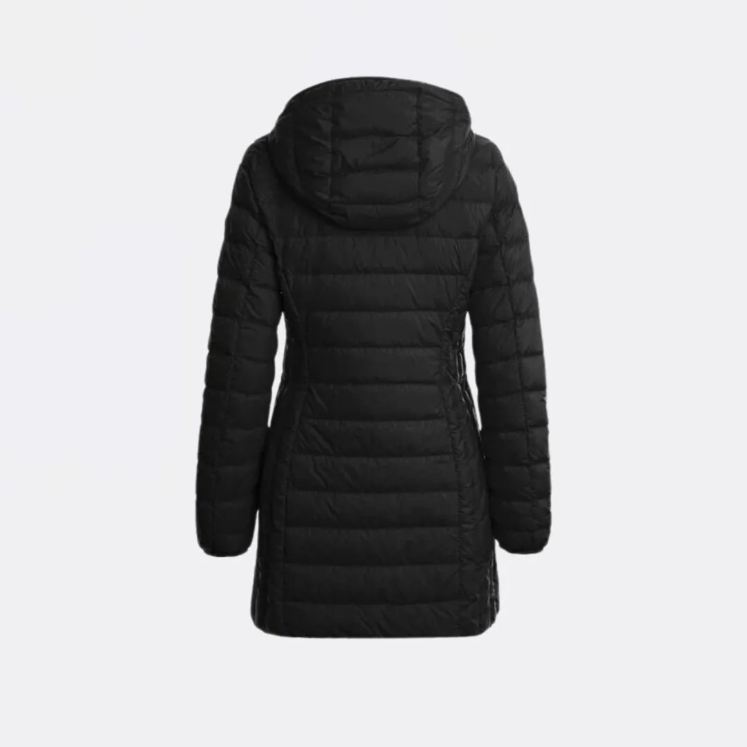 Relaxed Fit Silhouette RipResistant Reinforcement Irene Hooded Down Jacket (Black)