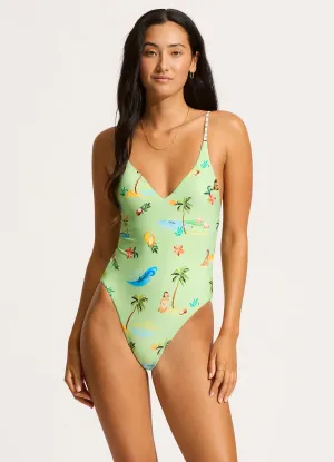 Isla Palm V Neck One Piece - Sage Sporty Vibes Double Layered Fabric