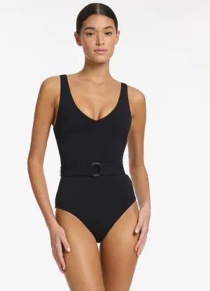 Sunny Destination Long-Lasting Wear Isla Rib V-Neckline Belted One Piece - Black