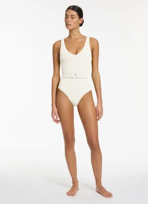 Innovative Design Chafe-free Isla Rib V-Neckline Belted One Piece - Cream