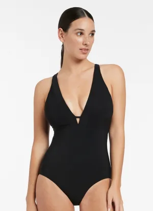 Ultra Flat Lock Stitching Beach Ready Swim Jetset E-F Clean Plunge One Piece - Black