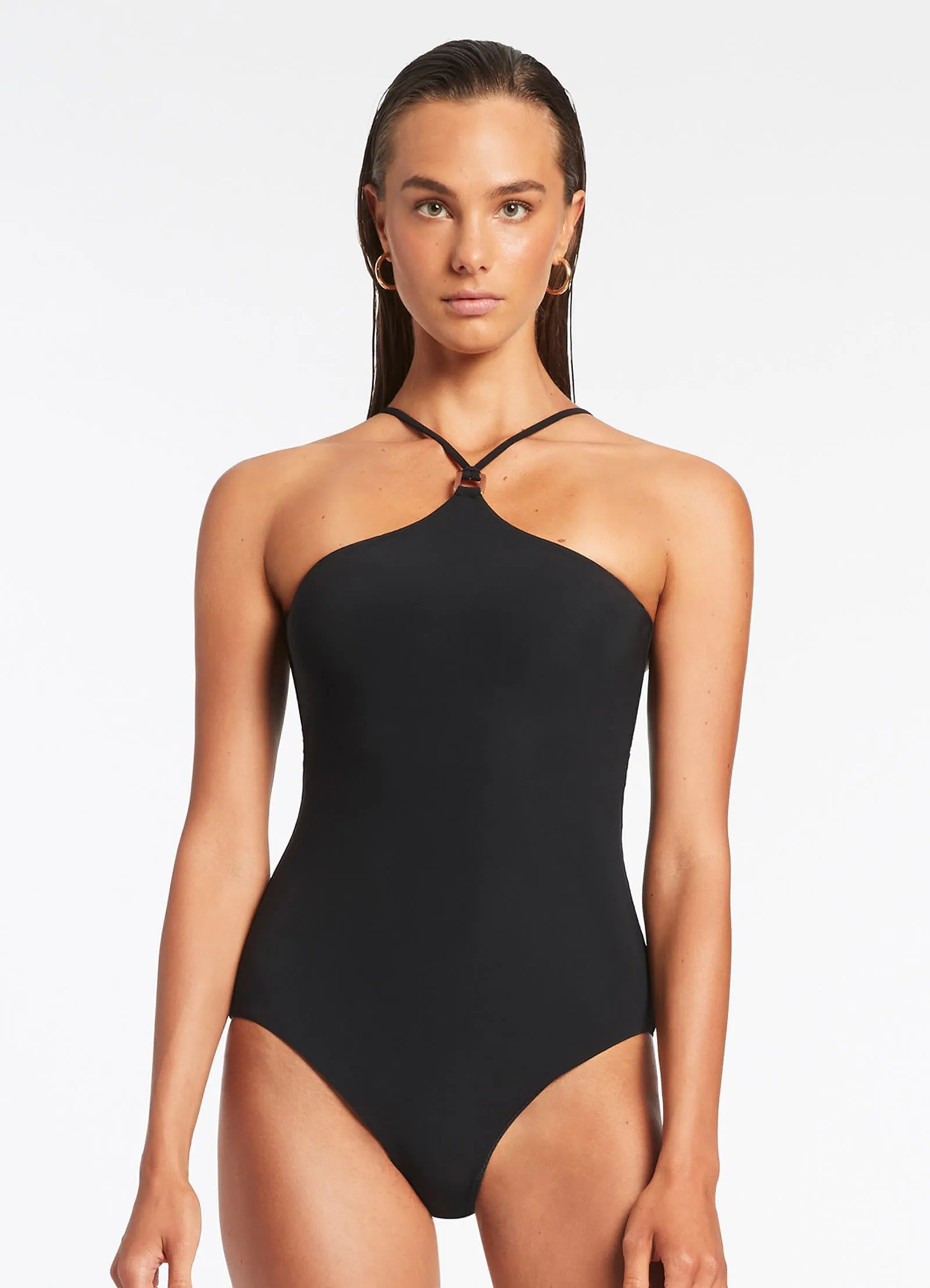 Jetset High Neck Trim One Piece - Black Recycled Polyester