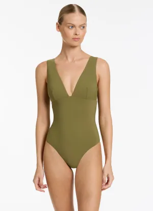 Flattering Cut Anti Bacterial Lining Jetset Plunge One Piece - Moss
