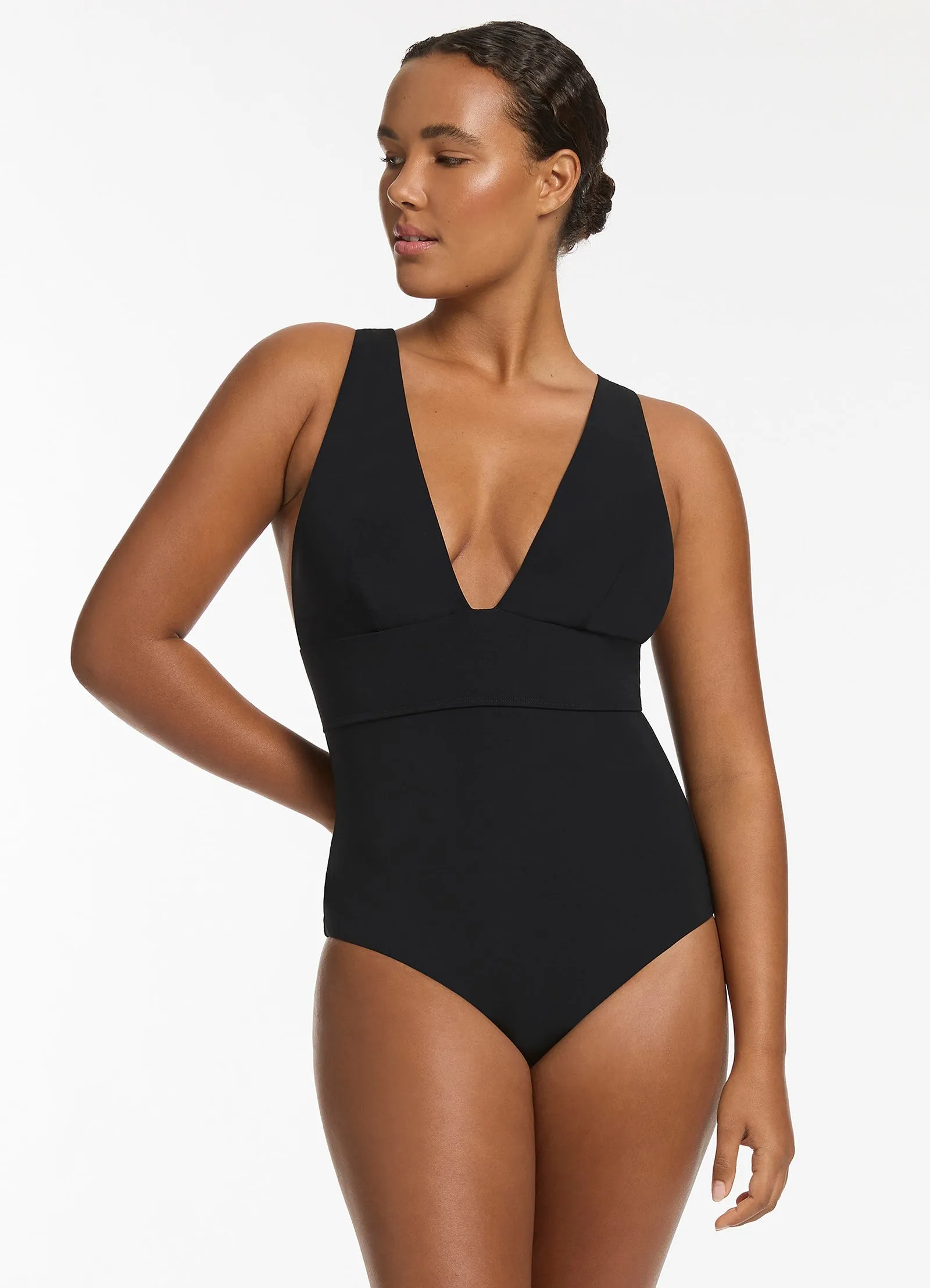 Summer Pack Laser Cut Edging Jetset Plunge Tie Back One Piece - Black