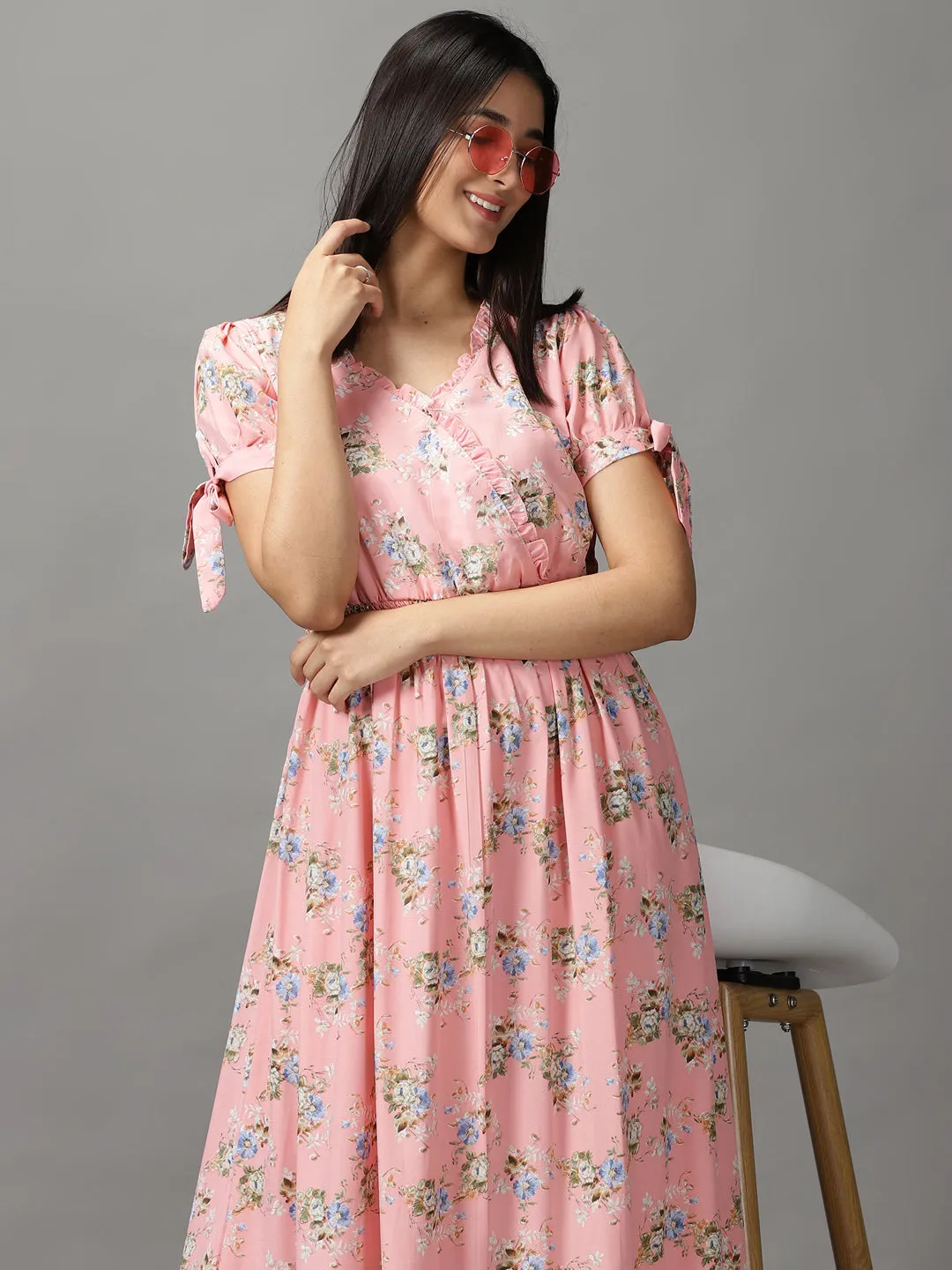 Women's Peach Floral Chiffon Fit & Flare Dress Minimal Tone