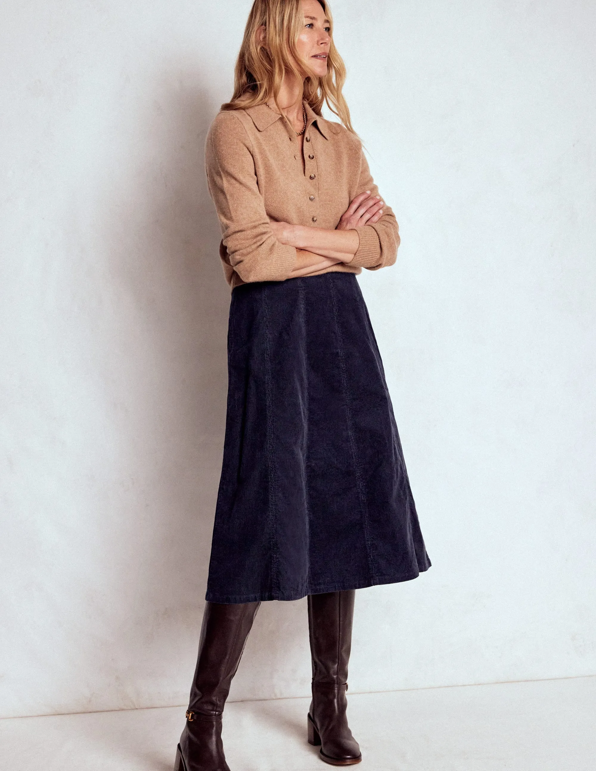 Subtle Details Tonal Layering Joy Cord Midi Skirt-Navy