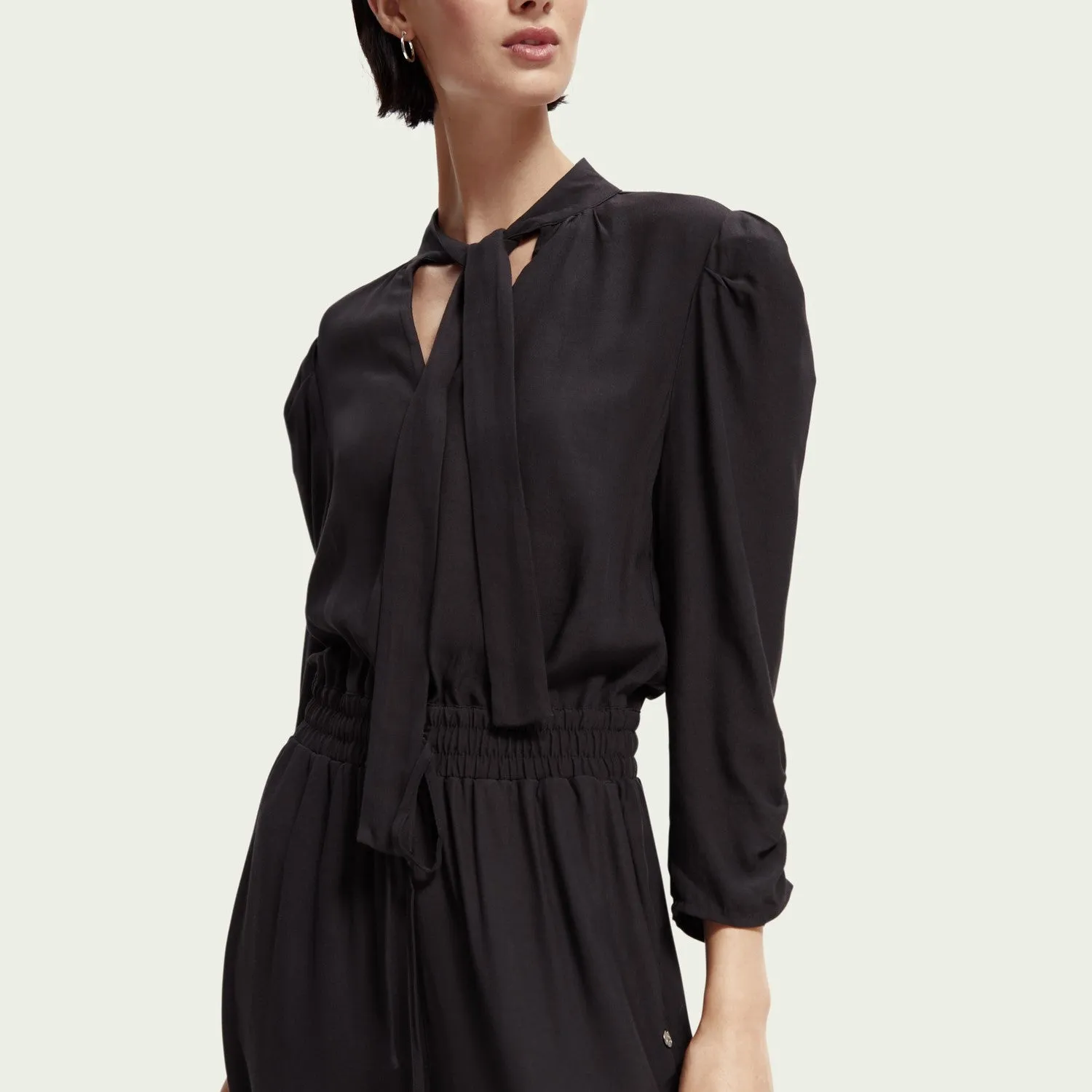 Jumpsuit with Gathered Details (Black) Light and Comfortable Wear Cozy Texture