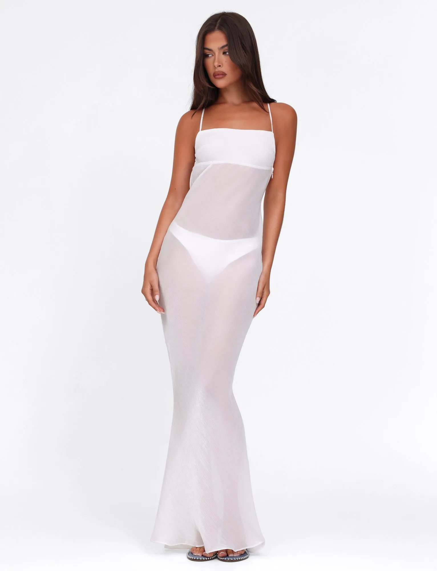 KIAH MAXI DRESS - WHITE : ICE Anti-Static-Finish Invisible-Zip