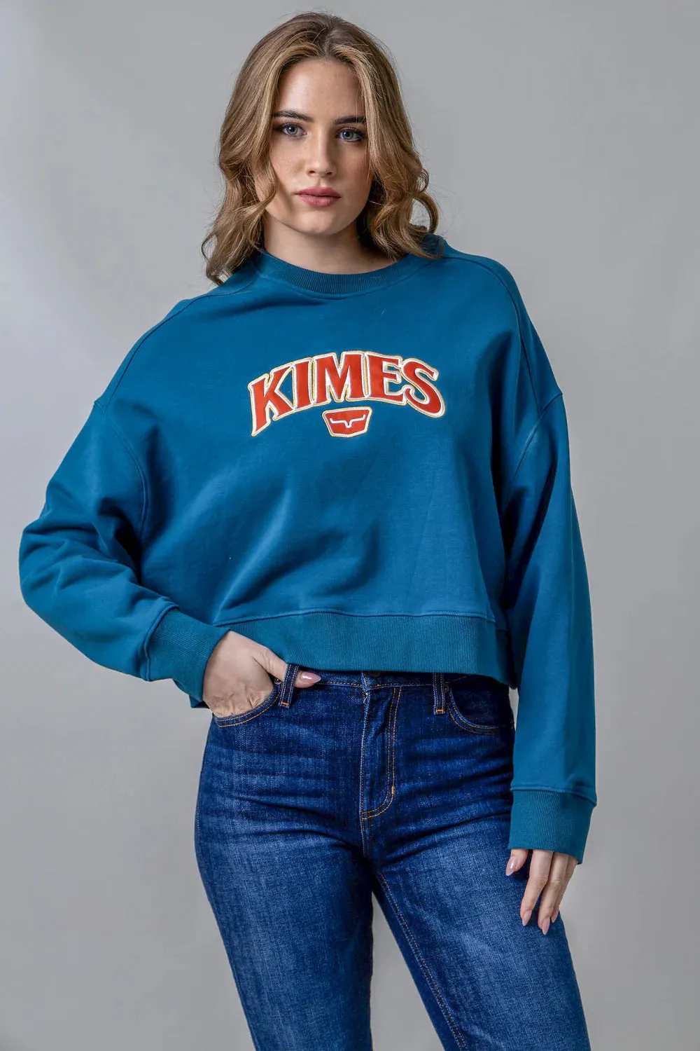 Kimes Ranch Women's Colfax Crew Sweatshirt in Mid Blue Rough texture