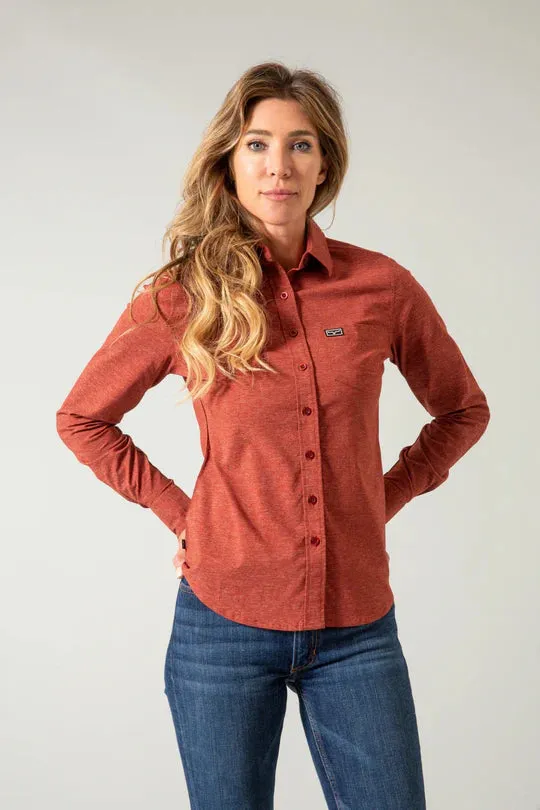 Kimes Ranch Women's Linville Long Sleeve Western Button Down Shirt in Dark Red Modern Outfit