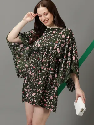 Women's Olive Floral Printed Kimono Sleeves Lace Inserts Kaftan Dress Embroidered-Detail Vintage Vibe