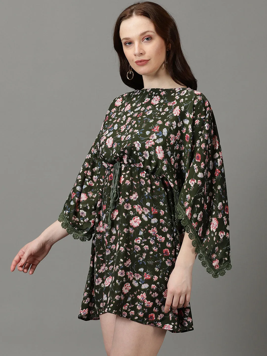 Casual Tones Women's Olive Floral Printed Kimono Sleeves Lace Inserts Kaftan Dress