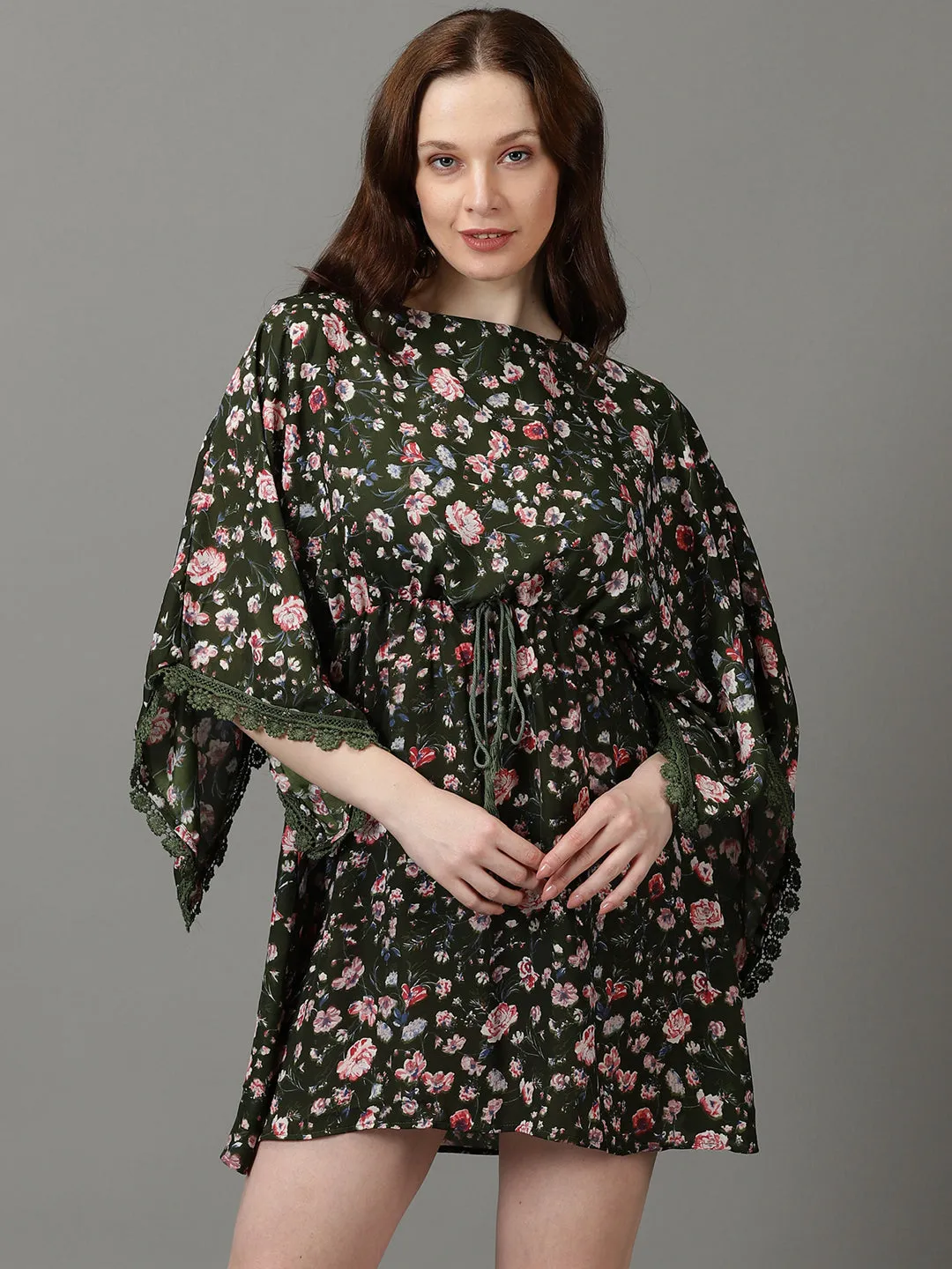 Flattering Look Fit Sunset Scene Women's Olive Floral Printed Kimono Sleeves Lace Inserts Kaftan Dress