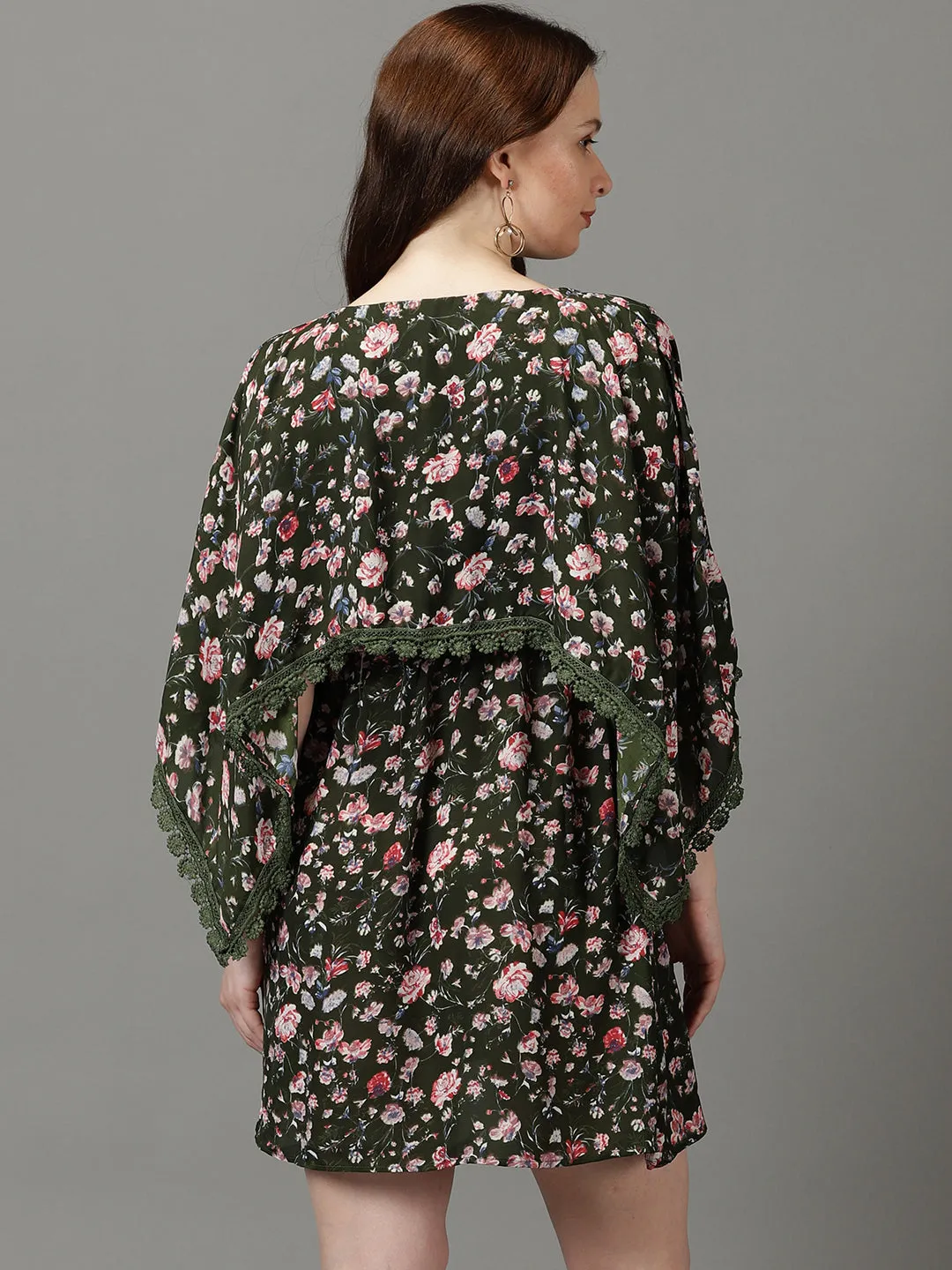 Color Soft Form Flow Women's Olive Floral Printed Kimono Sleeves Lace Inserts Kaftan Dress