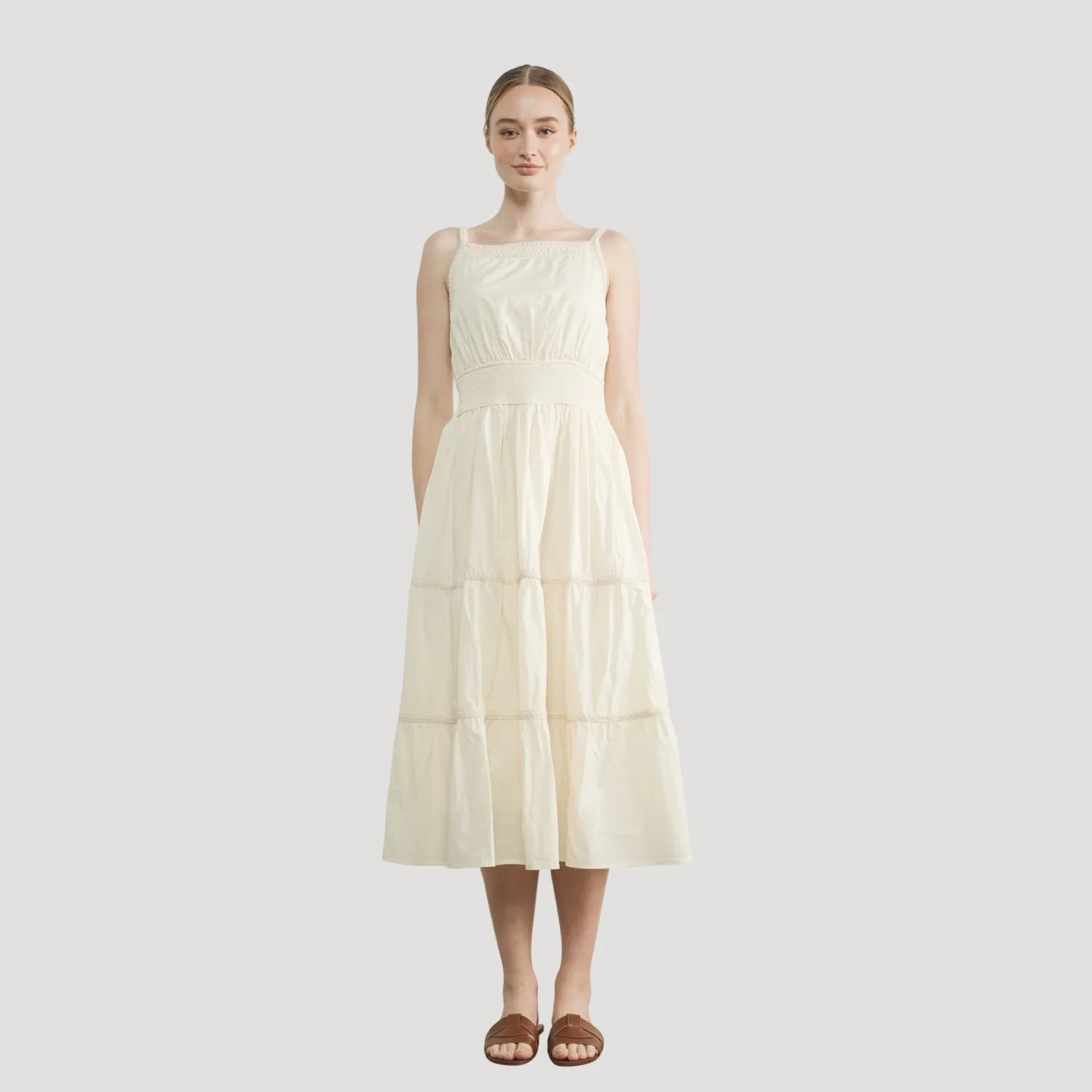 Lace Trim Sleeveless Midi Dress (Cream) Smile Glow