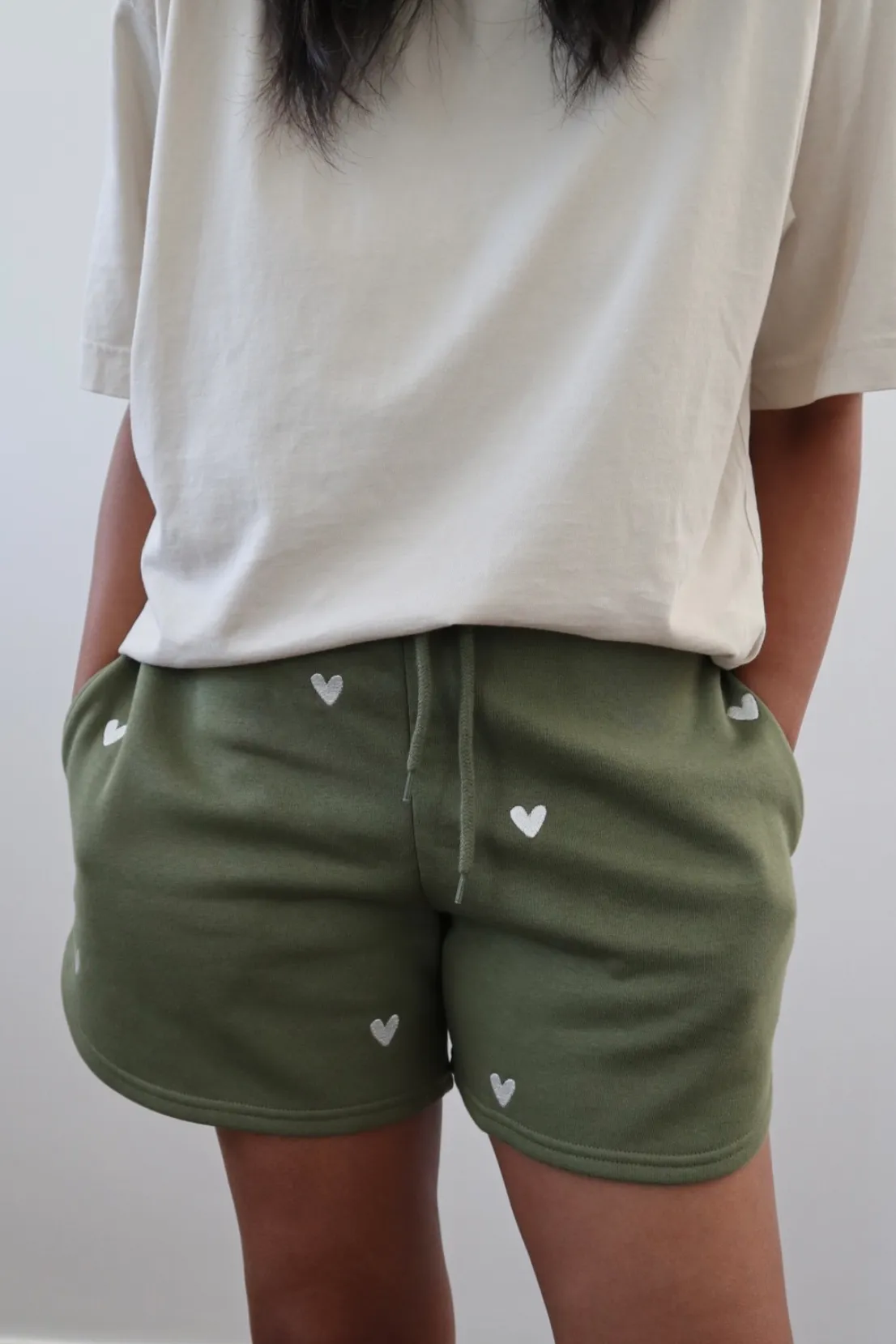 low waisted O&F Olive Heart Embroidered Shorts