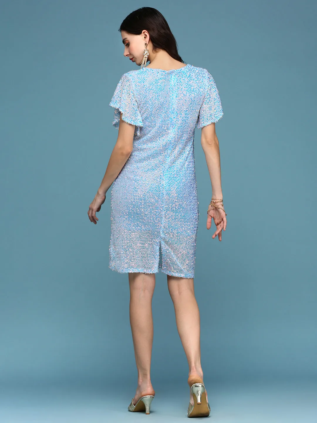 Elegant Touch Women's Blue Embellished Sequinned Flutter Sleeves Net Bodycon Dress