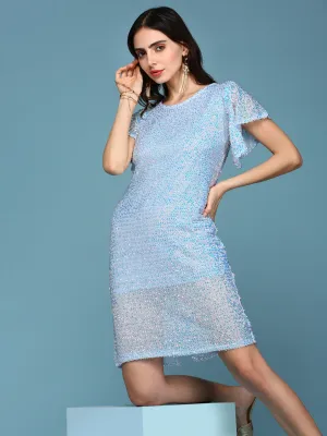 Women's Blue Embellished Sequinned Flutter Sleeves Net Bodycon Dress Feminine full-length gown