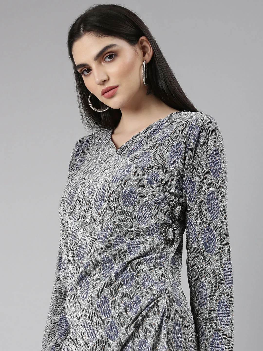 Women's Silver Self Design Sheath Dress Sleek Draping