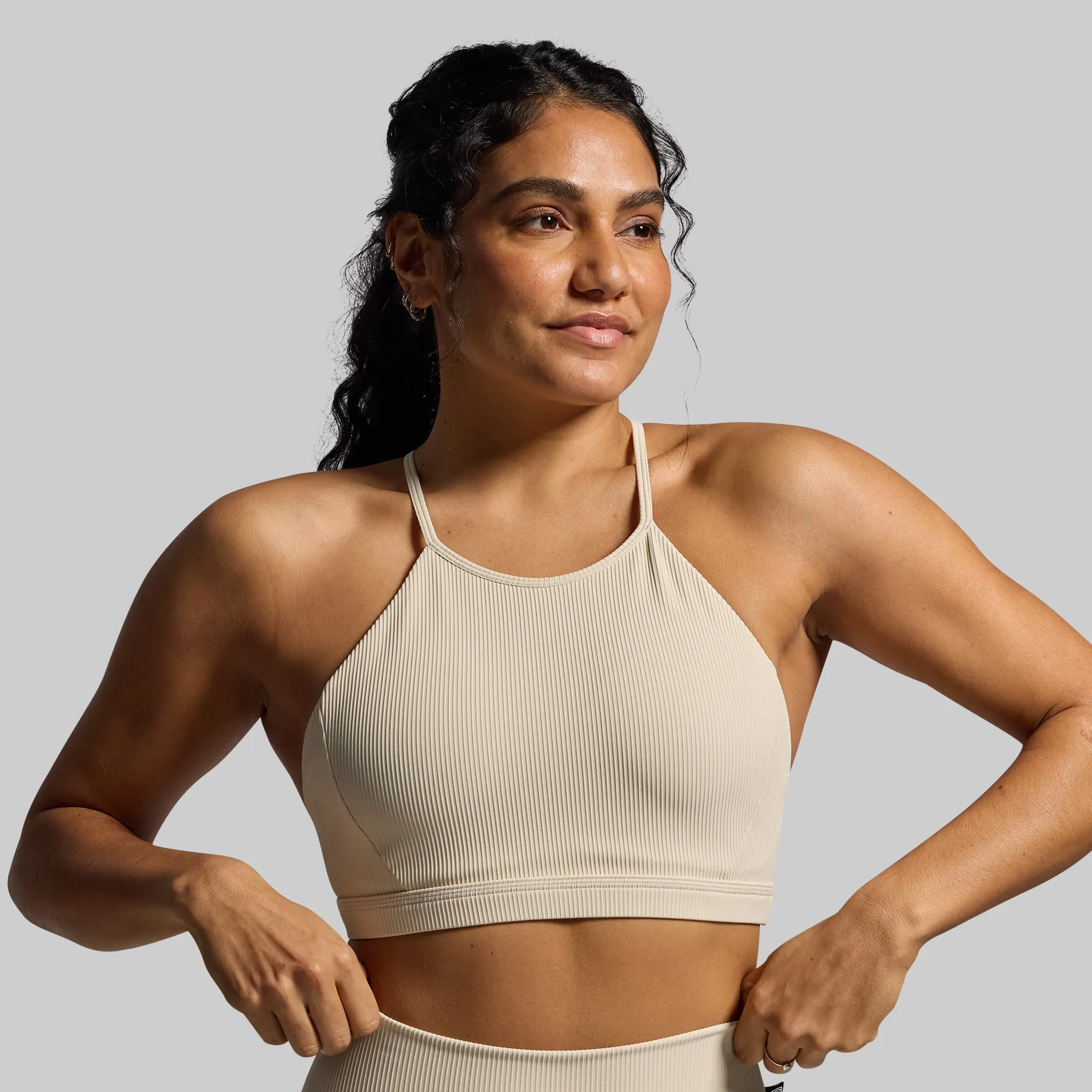 Decorated seams Stretch Recovery Fabric Break the Limits Sports Bra (Oatmeal)