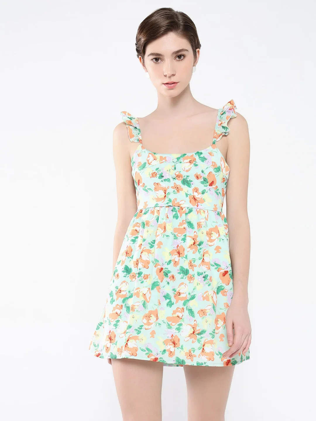 Women's Floral Green Fit and Flare Dress Calm Flow Cool Look