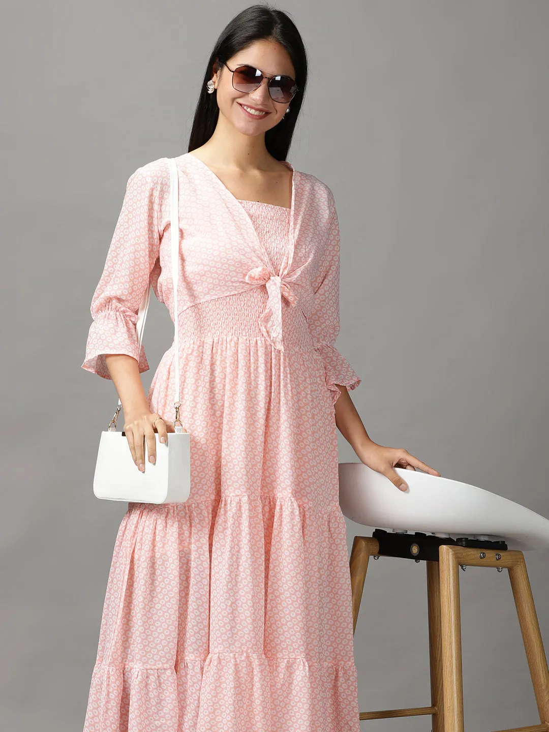 Women's Peach Layered Chiffon Fit and Flare Dress Delicate Touch