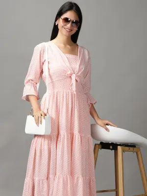 Women's Peach Layered Chiffon Fit and Flare Dress Delicate Touch