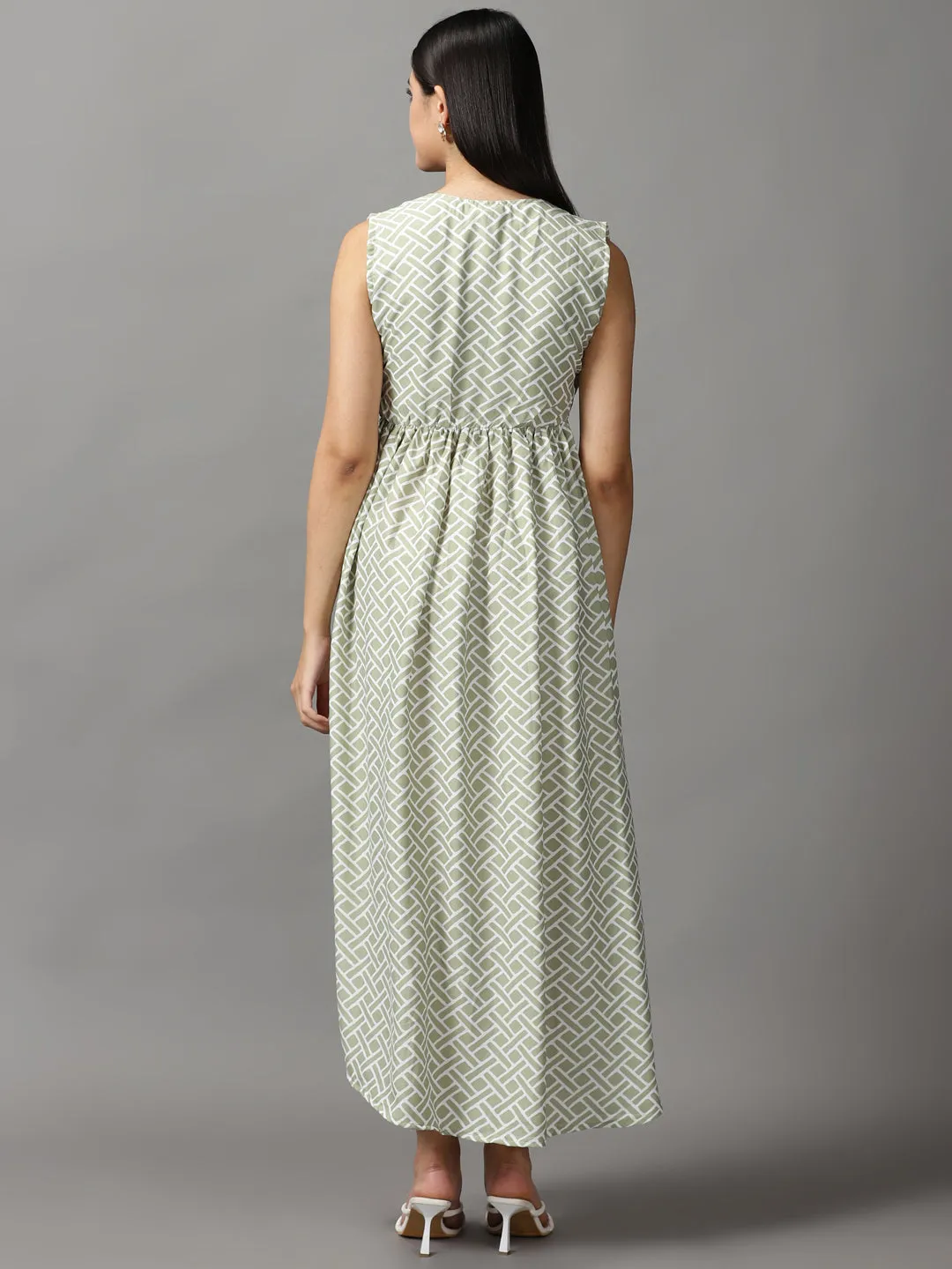 Quick Outfit Crisp Texture Women's Sea Green Geometrical Fit and Flare Dress