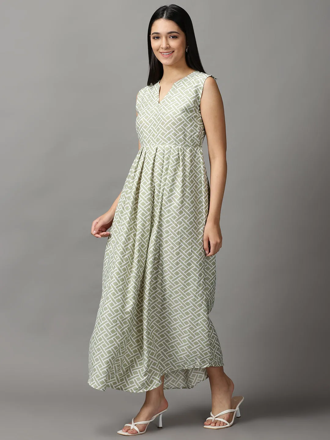 Women's Sea Green Geometrical Fit and Flare Dress Neutral Layer Maternity-Fit