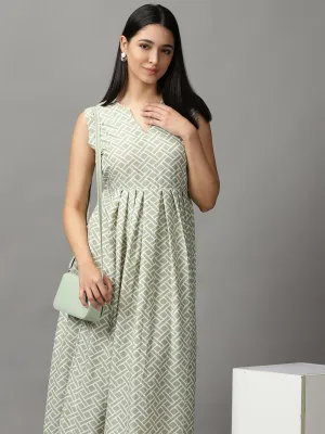 Fluid Shape Easy to Wear Women's Sea Green Geometrical Fit and Flare Dress