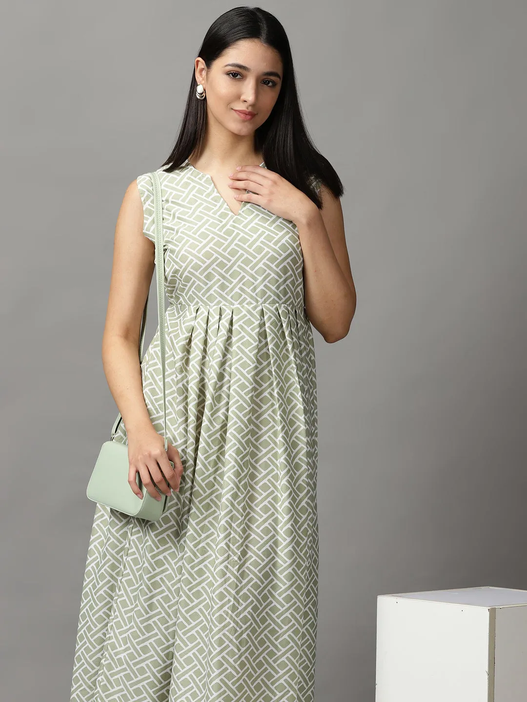 Fluid Shape Easy to Wear Women's Sea Green Geometrical Fit and Flare Dress